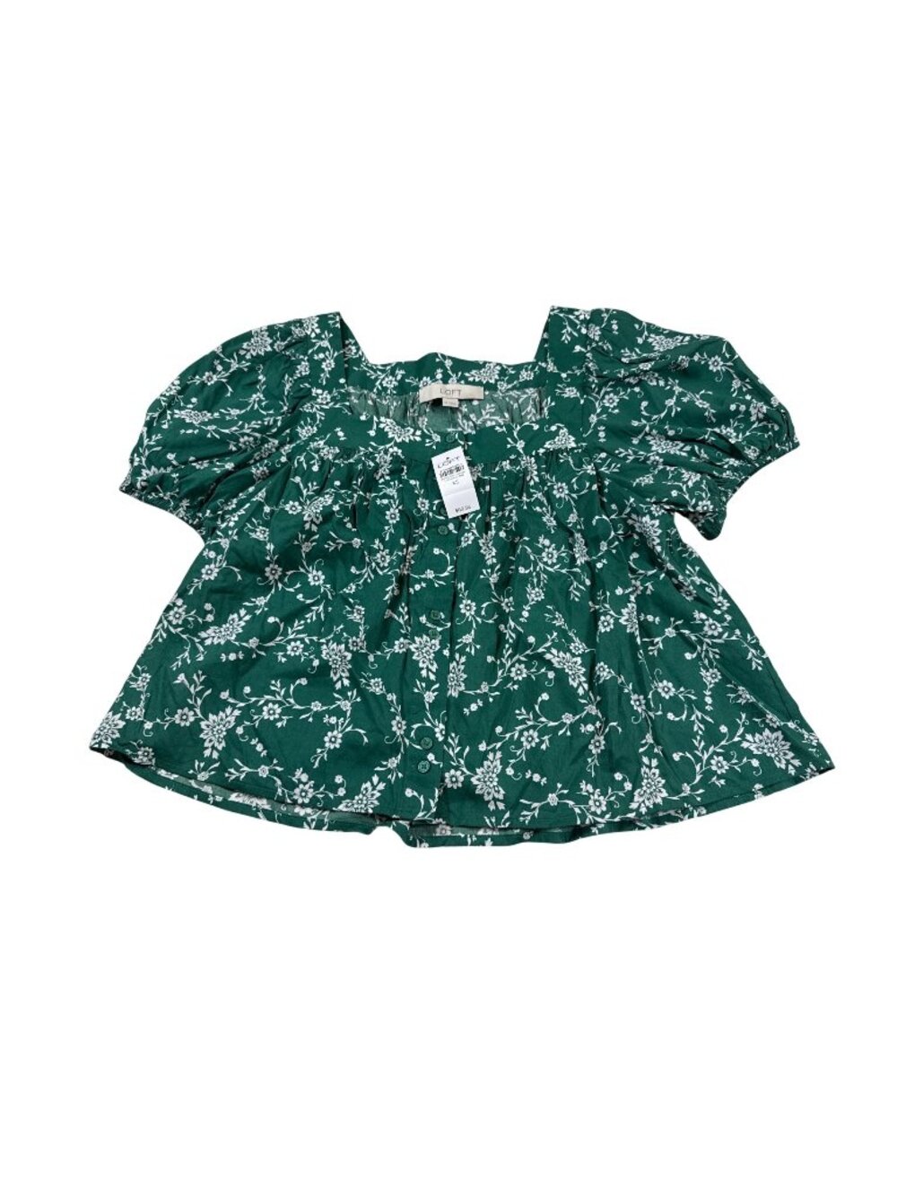 NWT Ann Taylor Loft Green Floral Button Front Puff Sleeve Top XS (CC1076)
